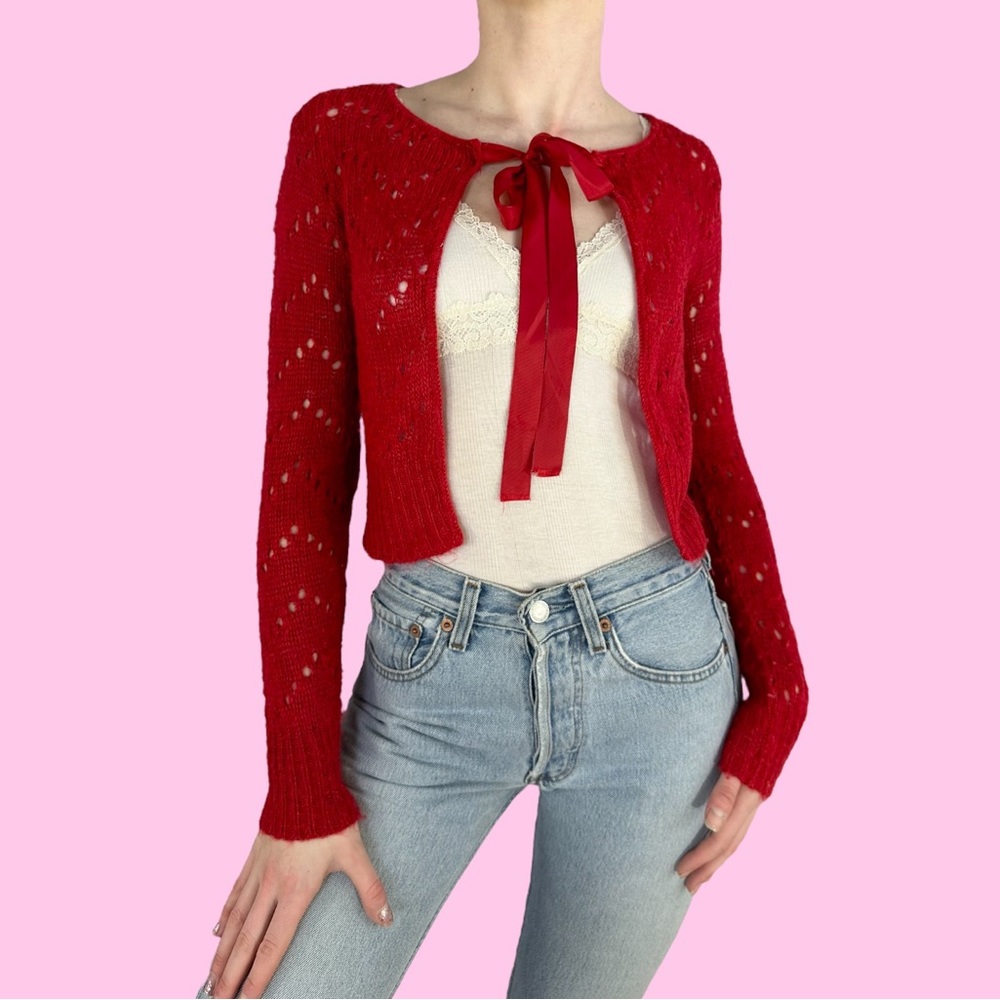 Y2K Red Crochet Cropped Bolero Cardigan